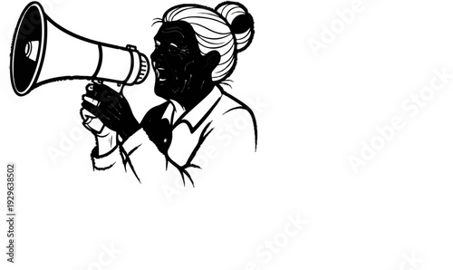 Person with bun hairstyle yelling into a megaphone, dressed in a collared shirt