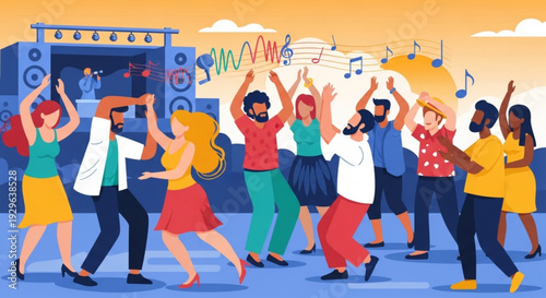 Diverse group of people dancing together outdoors at a lively music festival with speakers