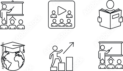 Online Education and E Learning Line Icon Set with Training, Webinar, Graduation and Business Growth Concepts