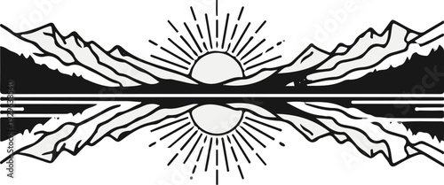 Stylized sun over mountains reflected in calm water, symmetrical design