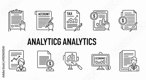Financial icons depict analysis, accounting, and economic data visualization for business