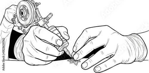 Artist's hands meticulously create floral tattoo art with a machine