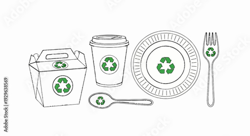 A set of disposable food containers and utensils featuring recycling symbols