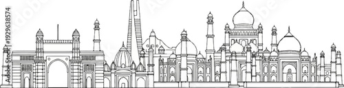 A detailed black and white line drawing depicting a grand skyline of historical architecture
