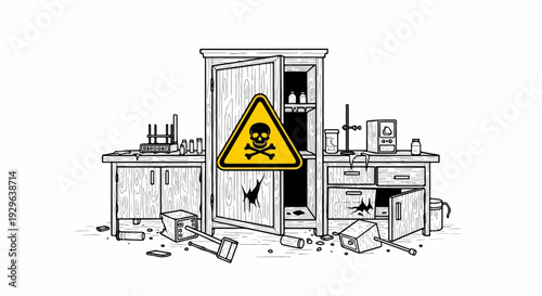 A cluttered, damaged laboratory scene with a prominent toxic hazard symbol