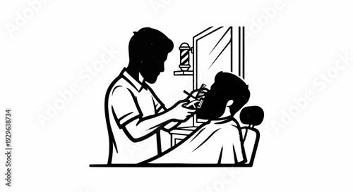 A barber trims a client's beard in a shop with a traditional striped pole