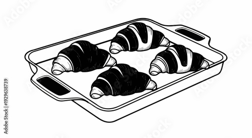 Black and white illustration of four croissants arranged in a baking pan