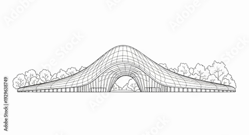A modern architectural drawing of a sweeping, curved structure with an arched entrance
