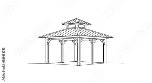 Beach Gazebo Pavilion Single Continuous Line Icon, Minimal Hip Roof Shelter Outline