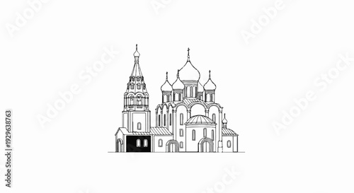 Detailed line drawing of an ornate historical church with multiple domes and a bell tower