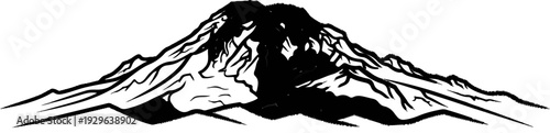 Stylized black and white illustration of a majestic mountain range with sharp peaks and deep shadows