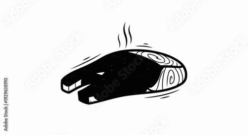 Black silhouette of a steaming grilled fish steak with swirl details on white