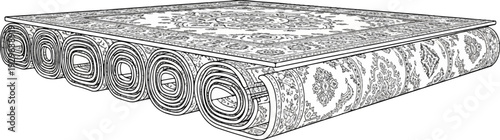 Detailed illustration of rolled Persian carpets stacked and layered, showcasing intricate patterns