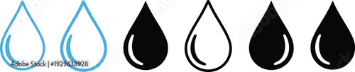 Water Drop Icon Set Blue and Black Liquid Droplet Outline and Solid Vector Collection