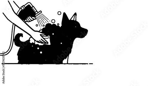 A person washes a black dog with a shower head and soap bubbles