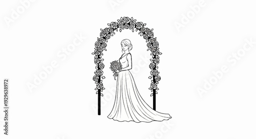 Elegant bride in a flowing gown stands beneath a rose-adorned archway