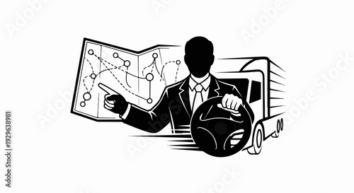 Businessman with map plans trucking route, holding steering wheel of truck