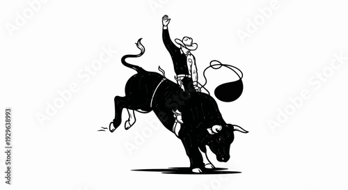 A black and white sketch shows a cowboy riding a bucking bull