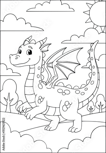 Dragon coloring page for children showing a cute mythical beast in the forest