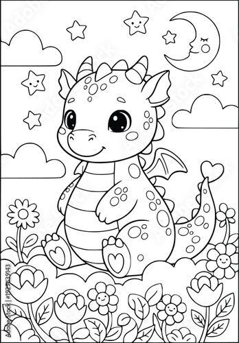 Baby dragon coloring page for kids with a mythical beast in a flower garden at night