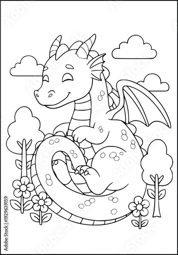Dragon coloring page for children showing a cute mythical beast in a garden