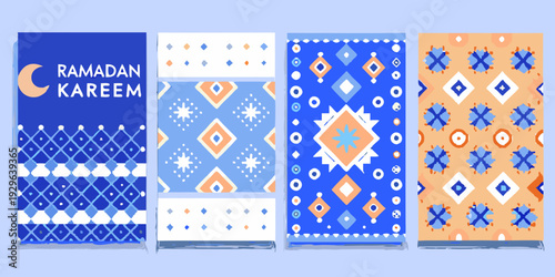 Four colorful ramadan kareem banners with geometric islamic patterns