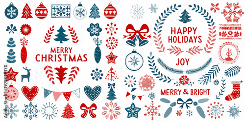 Festive collection of christmas ornaments snowflakes and holiday greetings