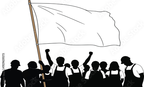 International labor day celebration with workers holding a flag