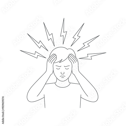 Person with headache holding head with hands lightning bolts symbolizing pain black and white line drawing stock illustration