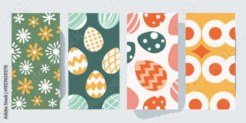 Colorful easter egg patterns displayed on vertically oriented rectangular cards