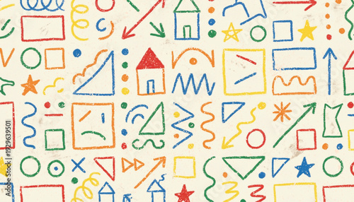Funky crayon drawn geometric shapes and lines. Colorful pencil or chalk drawn naive Swiss design aesthetic. Basic geometric shapes, dots, playful pattern, primitive forms and figures