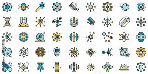 Colorful collection of science and technology related icons in a grid
