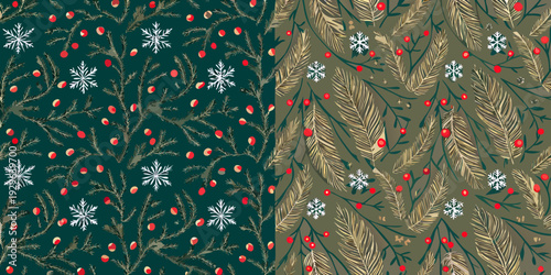 Festive christmas patterns with berries snowflakes and evergreen branches