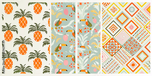 Tropical themed fabric swatches featuring pineapples toucans and geometric patterns