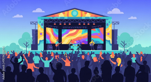 Music festival crowd enjoying live concert with colorful stage