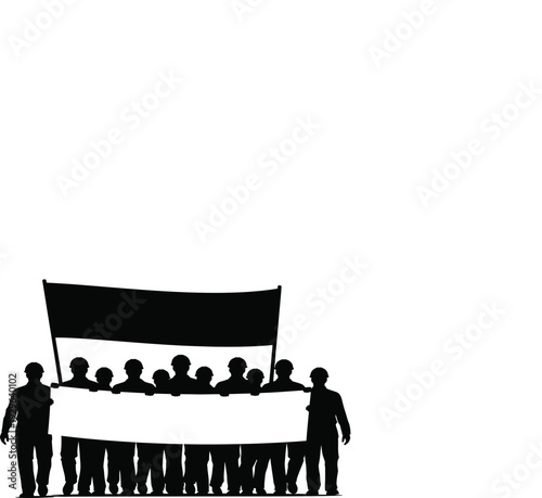 International labor day celebration with workers holding banner