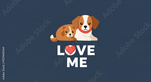 Cute dogs with love heart symbol and text on blue background