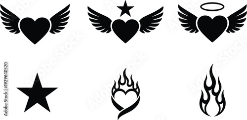 Winged heart silhouette icon collection with star, halo and flame symbols representing love, passion, spirituality and emotional expression design elements