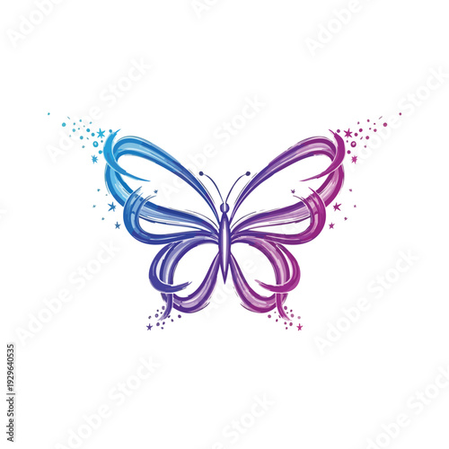 A delicate butterfly illustration with swirling wings in shades of blue and purple, surrounded by tiny dots, viewed from directly above.