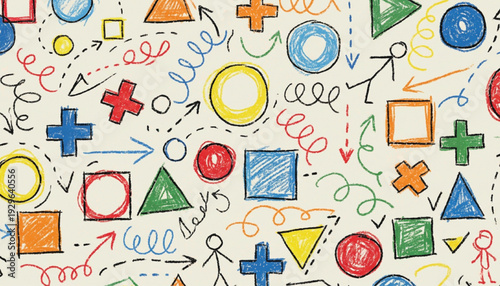 Funky crayon drawn geometric shapes and lines. Colorful pencil or chalk drawn naive Swiss design aesthetic. Basic geometric shapes, dots, playful pattern, primitive forms and figures