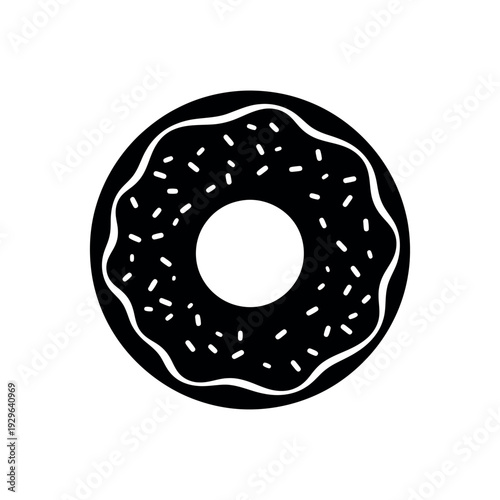 Bold black silhouette of a frosted donut with sprinkles, a sweet treat perfect for celebrations and snacks.