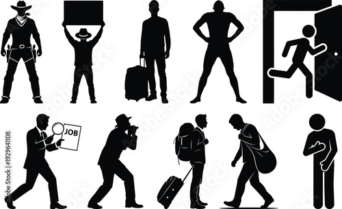 Collection of diverse human silhouettes in various poses and activities cowboy, protester, traveler, athlete, runner, job seeker, photographer, hiker, commuter, and person standing