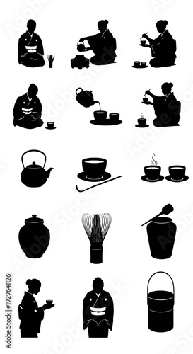 Set of 15 Japanese tea ceremony icons vector