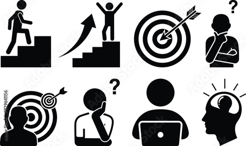 Business goals achievement success strategy planning problem solving thinking career growth and target icons set
