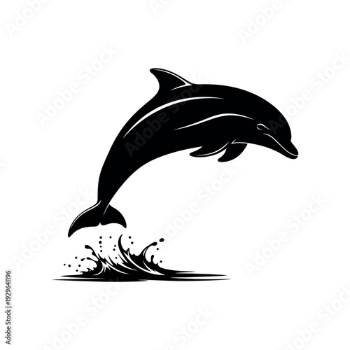 Dynamic black silhouette of a dolphin leaping gracefully from ocean waves, conveying energy, freedom, and the beauty of marine life.