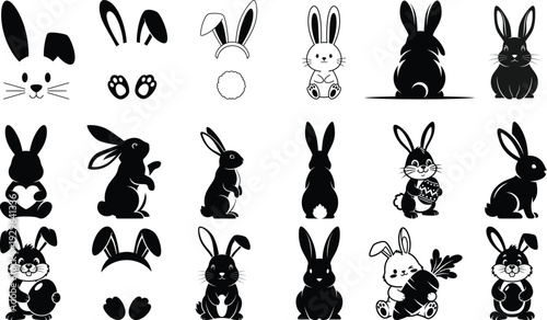 Collection of black and white rabbit and bunny icons, silhouettes, and illustrations for easter and spring