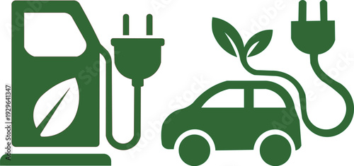 Electric Car Charging Station with Eco Fuel Pump and Plug Icon - Green Energy Vehicle, Sustainable Transportation and EV Charging Concept
