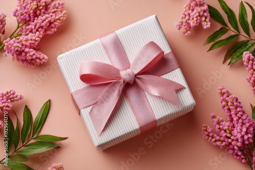 A white box with a pink ribbon on top of a pink background