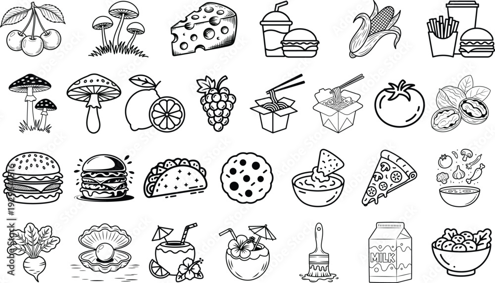 Fototapeta premium Collection of handdrawn food and drink icons fruits, vegetables, fast food, cheese, and desserts in sketch style
