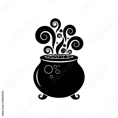 Whimsical Black Silhouette of a Bubbling Witch's Cauldron with Swirling Smoke, Perfect for Halloween or Fantasy Themes